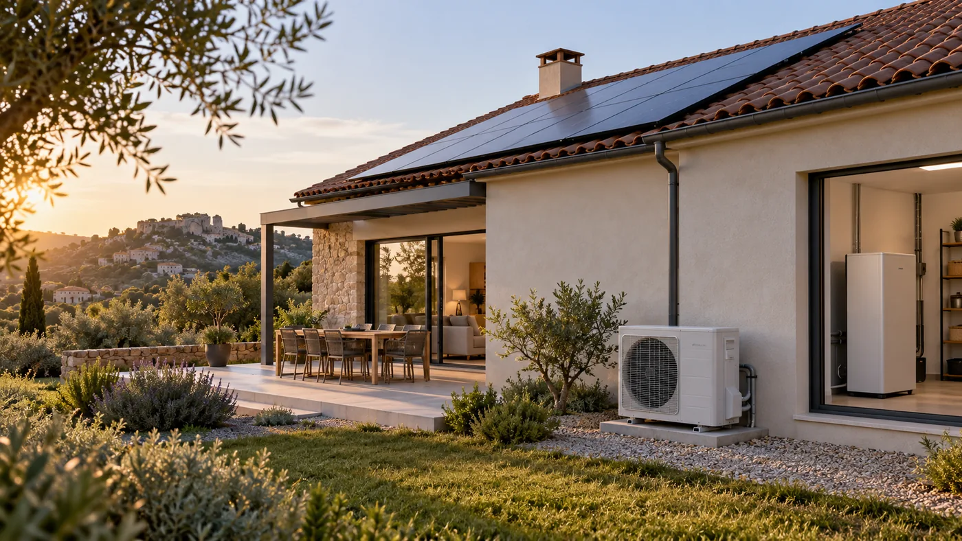 Maison avec panneaux photovoltaïques, pompe à chaleur extérieure et batterie solaire domestique