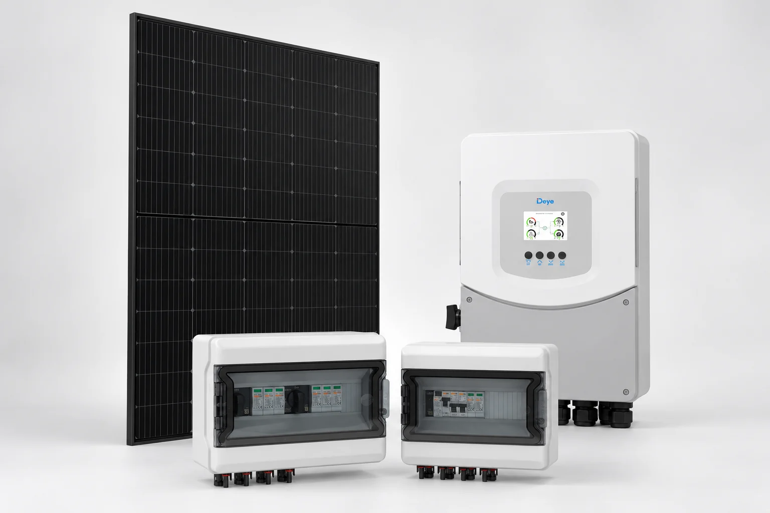 Pack photovoltaïque avec panneau bifacial 500 W, onduleur hybride monophasé Deye SG06 6 kW, coffret DC à 2 trackers et coffret AC type B